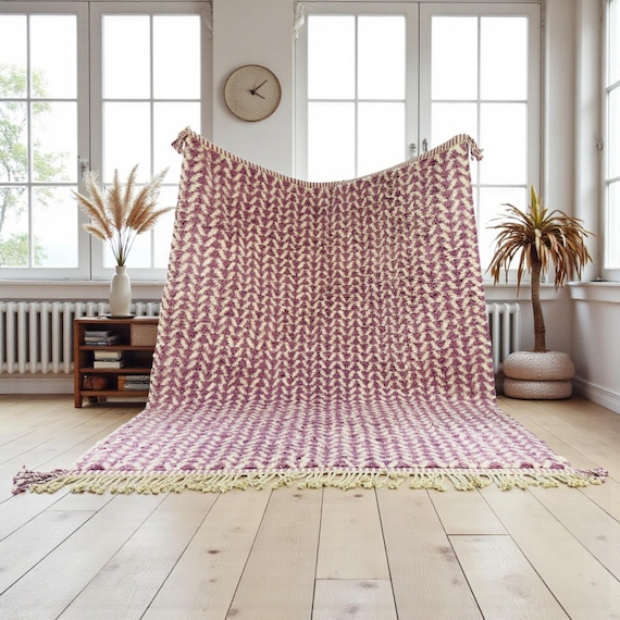 Wistful Mauve Moroccan Wool Rug, Handmade Pink & Cream Berber Carpet, Soft Boho Area Rug, Abstract Geometric Wool Rug for Living Room - Rugs