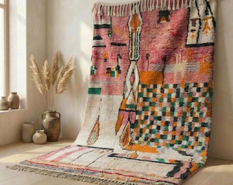Tappeto marocchino rosa in lana, tappeto berbero astratto colorato, tappeto a pelo alto fatto a mano, arredamento eclettico boho per soggiorno, dimensioni personalizzate