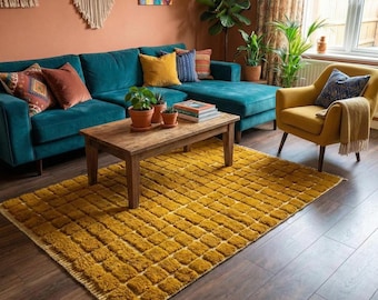 Handmade Moroccan Rug | Moroccan Rug Mustard Yellow Raised Check Squares | Handmade Wool Berber Carpet, Thai Curry Boho Living Room Area Rug