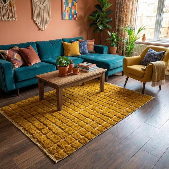 Handmade Moroccan Rug | Moroccan Rug Mustard Yellow Raised Check Squares | Handmade Wool Berber Carpet, Thai Curry Boho Living Room Area Rug