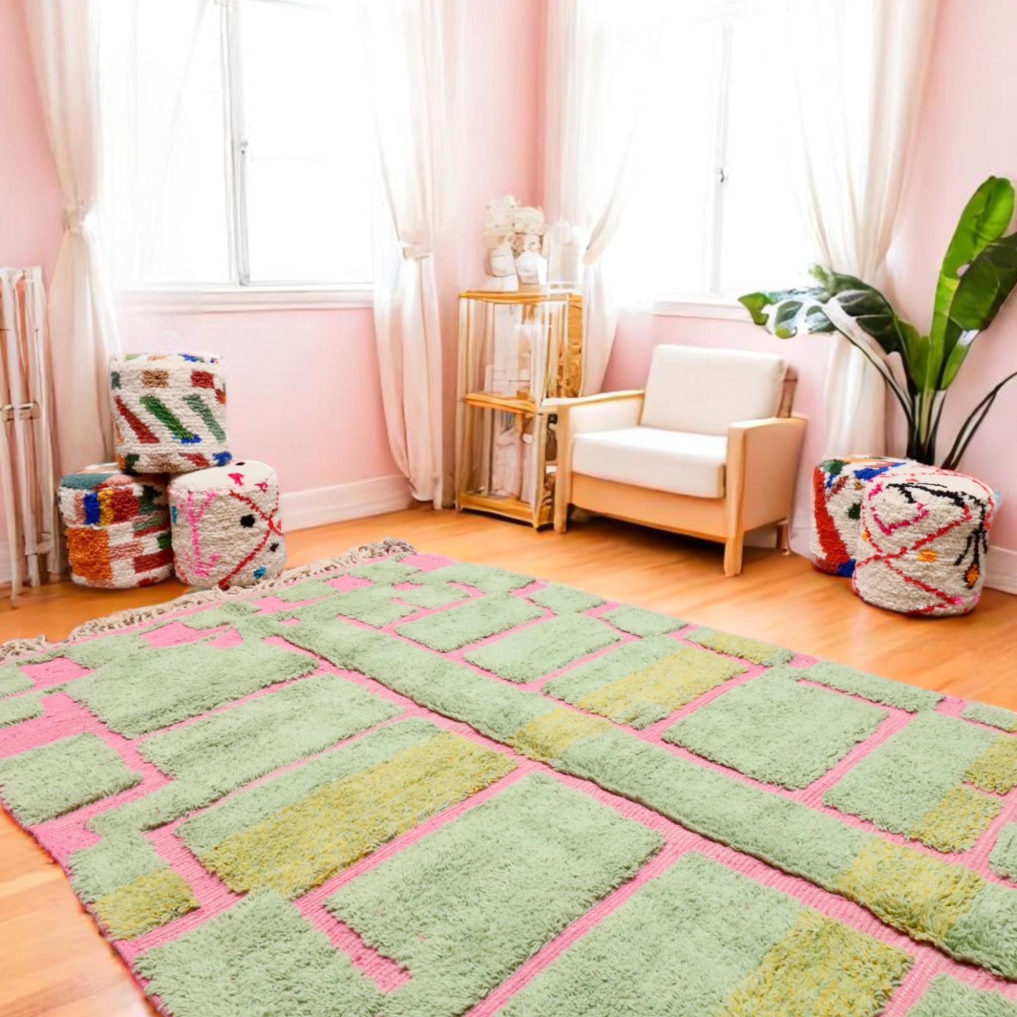 新品未使用　Moroccan boucherouite rug ポシャルウィット Moroccan Boucherouite Rug - Dopamine Decor | Handmade Green & Pink