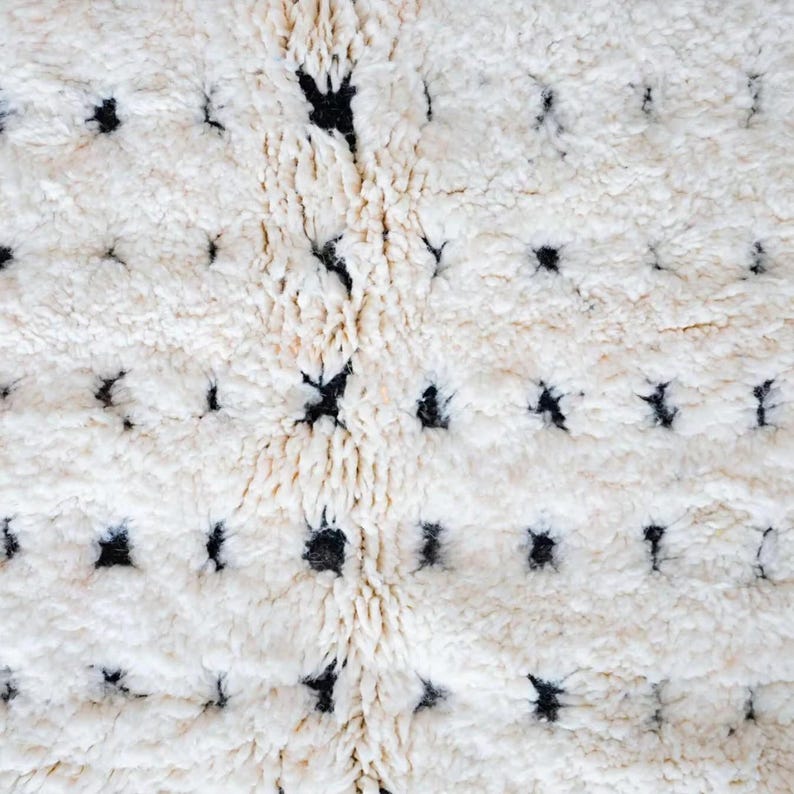 Handmade Moroccan rug in black and white with a dotted Berber pattern and bold black stripe edges. Crafted from natural wool by artisans in the Atlas Mountains, this rug combines authenticity and modern design. Perfect for boho chic, Scandinavian, and minimalist interiors, it brings warmth, texture, and elegance to living rooms, bedrooms, and creative spaces. A luxury Moroccan wool carpet that blends artisanal tradition with contemporary home decor style.