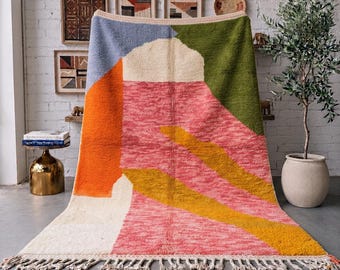 Colorful Moroccan Rug, Handmade Abstract Wool Rug, Pink Green Orange Berber Area Rug, High Pile Beni Mrirt Carpet, Custom Size Rug