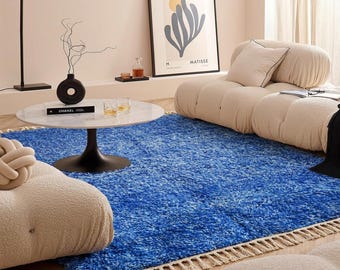 Moroccan Rug Cobalt Blue Solid Speckled Shaggy | Handmade Wool Berber Carpet | Luxury Contemporary Living Room Rug | Custom Size