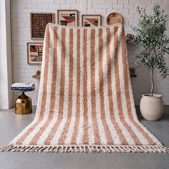 Blush Pink Moroccan Wool Rug, Cream Striped Berber Carpet, Handmade High Pile Area Rug, Dusty Rose Vertical Stripe Rug for Living Room