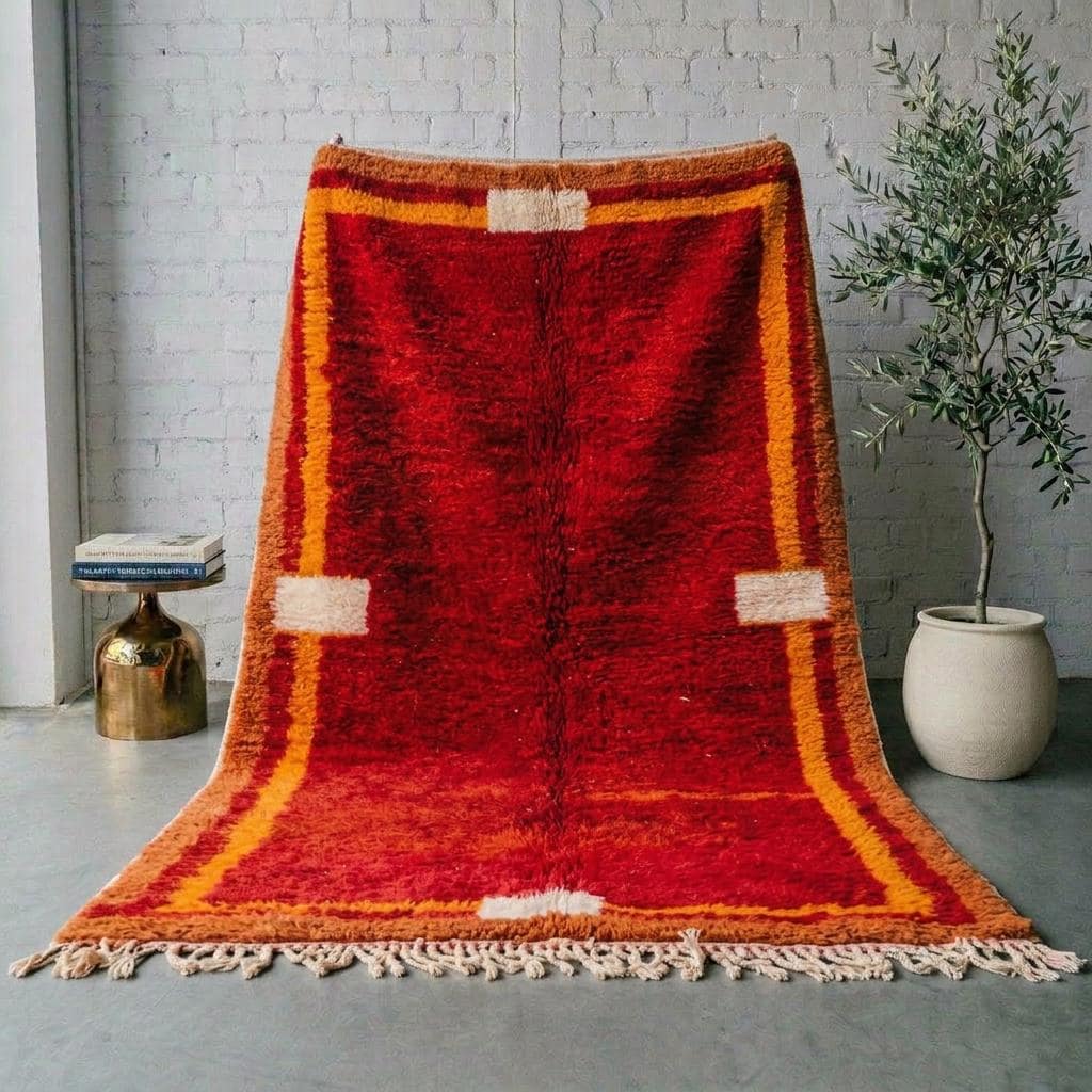 Red Moroccan Rug, Handmade Berber Wool Rug, Crimson Area Rug