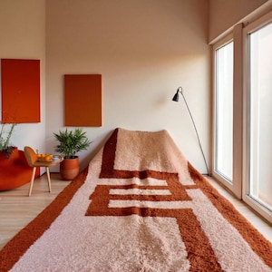 Terracotta & Pink Striped Moroccan Wool Rug | Handwoven Earthy Berber Carpet | Boho Area Mat | Wool Floor Decor | Earth Tones | High Pile