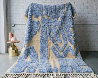 Moroccan Rug Sky Blue and Beige Abstract Art | Handmade Wool Berber Carpet | Allure Blue Living Room Area Rug | Custom Size Available
