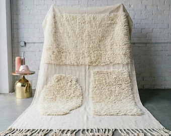 Moroccan Wool Rug Handmade | Ivory Sculpted High-Low Pile Berber Carpet | Beni Ourain Area Rug | Boho Japandi Living Room Shag