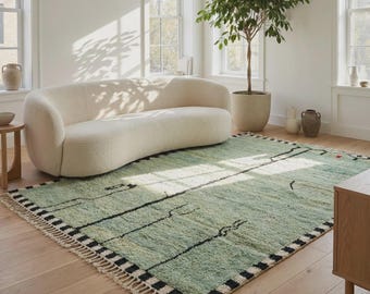 Sage Green Moroccan Rug – Handmade Minimal Berber Wool Rug, Soft Green Beni Ourain Style Area Carpet