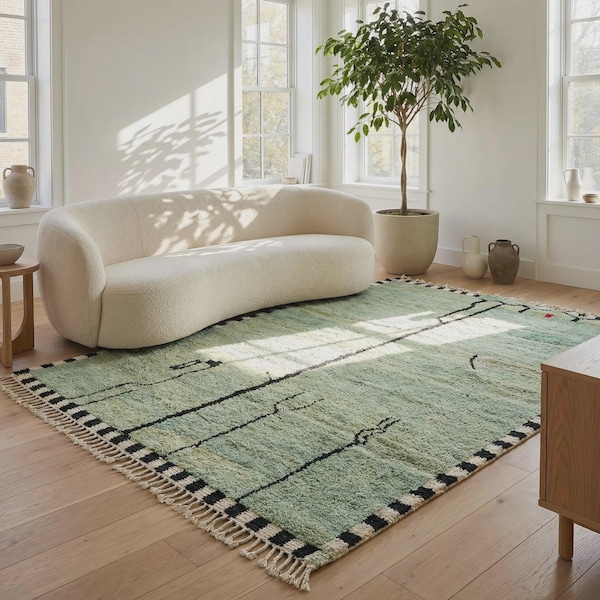 Sage Green Moroccan Rug – Handmade Minimal Berber Wool Rug, Soft Green Beni Ourain Style Area Carpet