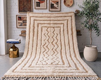 Ivory Beige Moroccan Rug, Handmade High Low Wool Rug, Geometric Berber Area Rug, Textured Beni Mrirt Carpet, Custom Size Living Room Rug