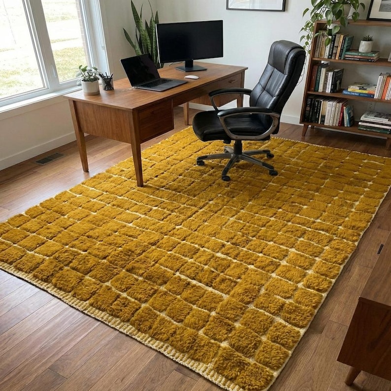 Large handmade Moroccan high-pile shag rug in saturated Thai curry mustard-gold, displayed vertically against a white brick wall. Surface features a tone-on-tone square grid pattern formed through pile variation — raised mustard squares separated by recessed ivory cream channel lines across the entire field. Dense, plush, curly wool pile texture throughout. Knotted braided ivory fringe along the top hem edge and long hand-tied ivory fringe along the bottom edge.