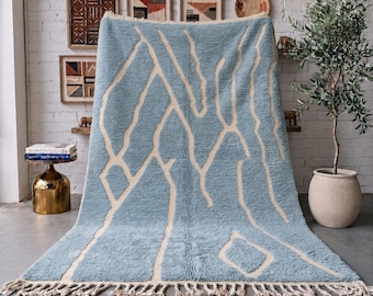 Powder Blue Moroccan Rug, Handmade Ivory Abstract Wool Rug, Modern Berber Area Rug, High Pile Beni Mrirt Carpet, Custom Size Living Room Rug