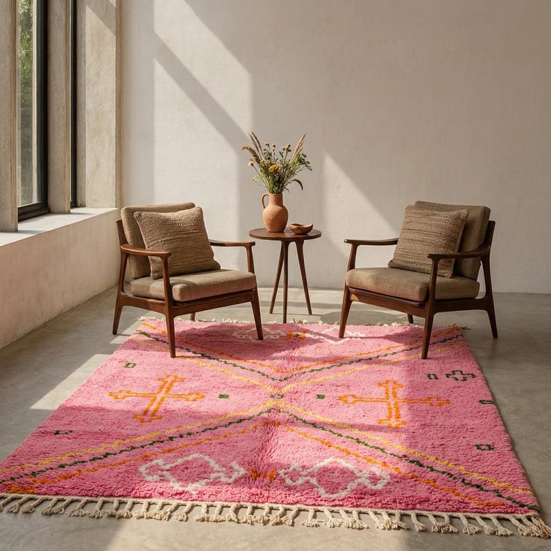 A plush, handwoven Moroccan Boujad rug featuring a vibrant hot pink base adorned with neon orange crosses, white diamonds, and green zigzag geometric patterns. The brightly colored wool carpet is draped elegantly against a white painted brick wall next to a gold accent table with pink pillar candles, perfectly capturing a playful maximalist and dopamine decor aesthetic.