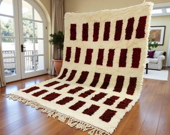 Moroccan Wool Rug | Burgundy Rectangle Berber Carpet | Handmade Beni Ourain Style | Cream & Burgundy Area Rug | Custom Size Shag Rug