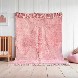 Pink Moroccan Rug – Handmade Wool Area Carpet, Soft Berber Nursery Rug, Boho Chic Pastel Shaggy Rug for Kids Room, Bedroom or Living Room