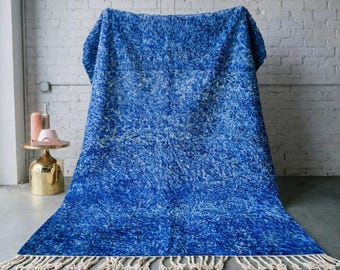 Moroccan Rug Cobalt Blue Speckled Solid | Handmade Wool Berber Carpet | Bold Blue Boho Living Room Area Rug | Custom Size Available