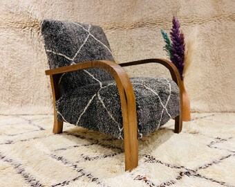 Best Seller 70% OFF* Handcrafted Geometric Wool Armchair - Sustainable Walnut Wood, Contemporary Boho Style for Chic and Modern Interiors