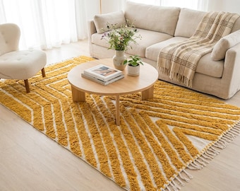 Mustard Moroccan Rug, Yellow Wool Rug, Handmade Berber Rug, Modern Geometric Area Rug, Beni Ourain Rug, Luxury Wool Carpet