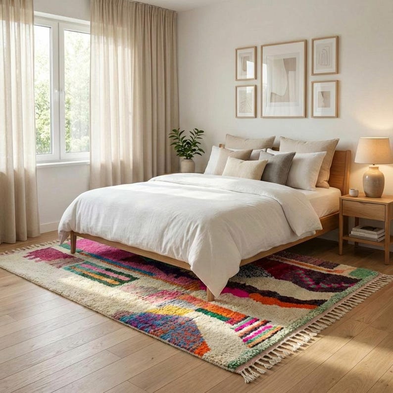 A vibrant, high-pile handmade Moroccan wool rug displayed in a bright industrial studio against a white brick wall. The rug features an eclectic, abstract tribal design with bold splashes of neon pink, teal green, orange, royal blue, and charcoal grey on a natural cream base. The patterns include geometric shapes, abstract figures, and spontaneous color blocking. The rug showcases a thick, plush shaggy texture and authentic hand-knotted cream tassels at the bottom.