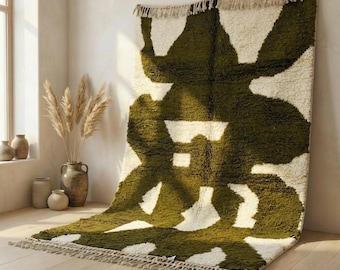 Handmade Moroccan Rug Green Ivory Abstract | Handmade Wool Berber Carpet | Japandi Boho Living Room Area Rug | Custom Size