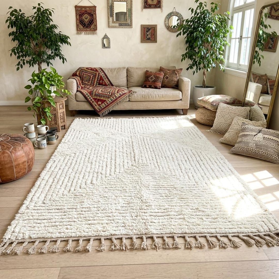 Ivory Beni Ourain Rug | Handmade Moroccan Wool Carpet | White Tonal ...