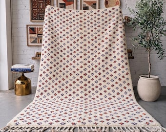 Ivory Moroccan Rug, Handmade Red Navy Diamond Wool Rug, Geometric Berber Area Rug, High Pile Carpet, Custom Size Living Room Area Rug