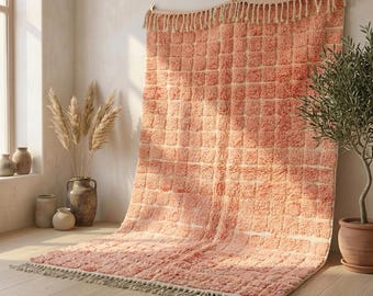 Peach Moroccan Wool Rug, Checkerboard Berber Carpet, Handmade High Pile Area Rug, Organic Modern Living Room Decor, Custom Size