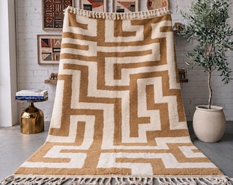 Camel Beige Moroccan Rug, Handmade Ivory Geometric Wool Rug, Maze Berber Area Rug, High Pile Wool Carpet, Custom Size Living Room Rug