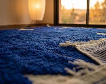 Blue Moroccan Rug - Electric Blue Abstract Wool Carpet - Handmade
