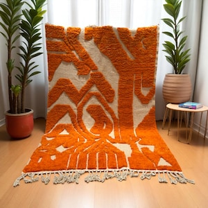 Orange Moroccan Rug – Abstract Beni Ourain Wool Carpet – Handmade Berber Art Rug – Modern Boho Statement Floor Decor