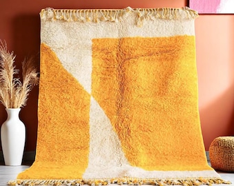 Moroccan Wool Rug – Bold Orange & Ivory Minimalist Design – Modern Handmade Berber Carpet – Contemporary Abstract Tapis - Wool Rugs - Gifts