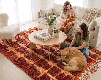 Moroccan Boujaad Rug Rust Orange Raised Check Square Pattern | Handmade Wool Berber Carpet | Boho Living Room Area Rug | Custom Size