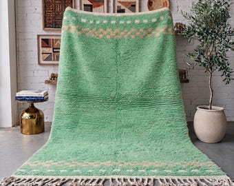 Mint Green Moroccan Rug, Handmade Ivory Peach Wool Rug, Minimalist Berber Area Rug, High Pile Beni Mrirt Carpet, Custom Size Living Room Rug