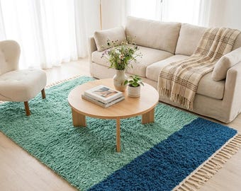 Mint Green Moroccan Rug, Navy Blue Berber Wool Rug, Handmade Color Block Area Rug, Modern Moroccan Carpet, Scandinavian Japandi Rug