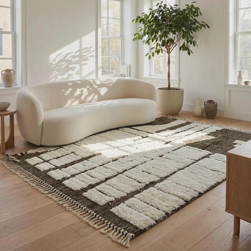 Black and off White Beni Mrirt Rug, Moroccan Wool Area Rug