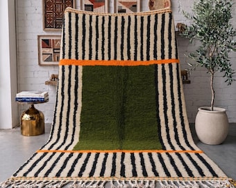 Olive Green Moroccan Rug, Handmade Black Ivory Striped Wool Rug, Geometric Berber Area Rug, Beni Mrirt Carpet, Custom Size Living Room Rug