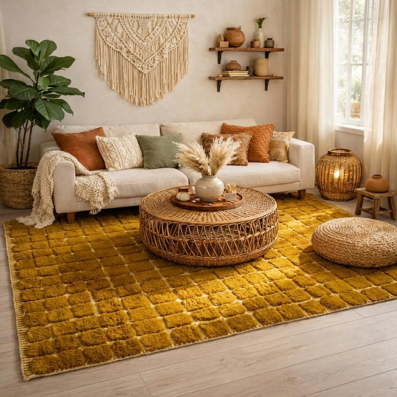Large handmade Moroccan high-pile shag rug in saturated Thai curry mustard-gold, displayed vertically against a white brick wall. Surface features a tone-on-tone square grid pattern formed through pile variation — raised mustard squares separated by recessed ivory cream channel lines across the entire field. Dense, plush, curly wool pile texture throughout. Knotted braided ivory fringe along the top hem edge and long hand-tied ivory fringe along the bottom edge.