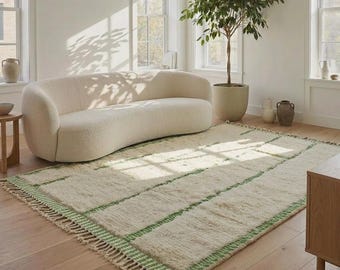 Watercress Green Moroccan Rug, Handmade Berber Wool Rug, Off White Area Rug, Modern Geometric Carpet, Japandi Scandinavian Rug