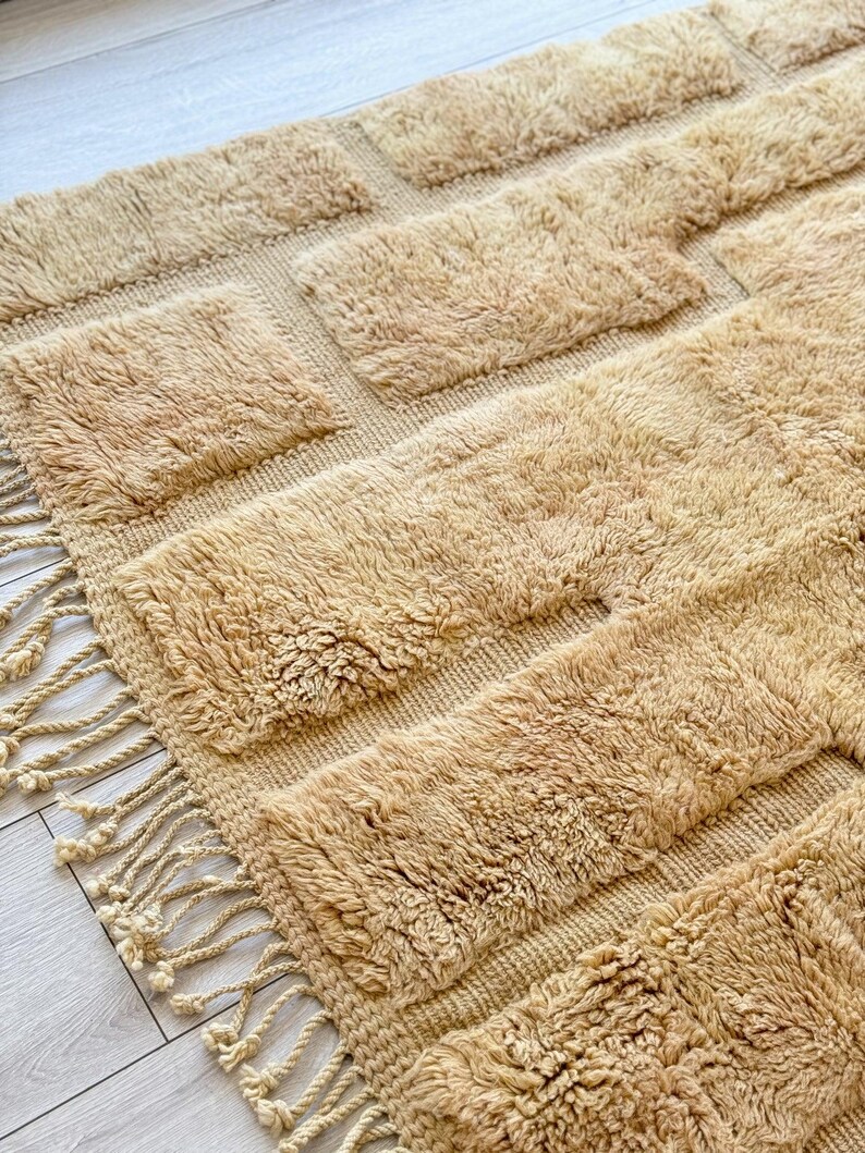 Moroccan wool rug cream and navy rug minimalist line pattern modern shag carpet handmade Moroccan decor cozy living room rug wool floor rug bohemian style rug Moroccan style decor modern rug luxurious wool carpet home decor contemporary decor rug