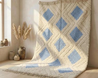 Ivory Blue Moroccan Wool Rug, Sculpted Geometric Berber Carpet, Handmade High Pile Area Rug, Organic Modern Living Room Decor, Custom Size