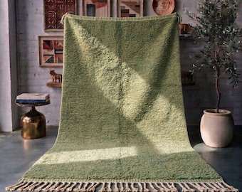 Può includere: Un tappeto rettangolare di colore verde salvia tinta unita con una consistenza a pelo lungo e spesso. Il tappeto presenta una fascia orizzontale di un verde più chiaro vicino al bordo inferiore ed è rifinito con lunghe frange color crema.