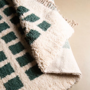 moroccan rug, Handmade Moroccan Wool Rug, Ivory & Green Checkered Berber rug, Square Pattern, living room rug, Handmade wool rug, area rug