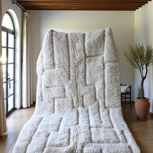 Ivory Textured Moroccan Wool Rug, Handmade Berber Carpet, 3D Modern Wool Rug, Cream Moroccan Shag Rug for Living Room - 100% Wool Carpet