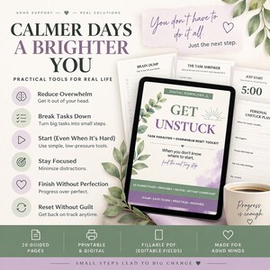 ADHD Task Paralysis Toolkit, Get Unstuck Printable & Fillable PDF, Overwhelm and Executive Function Worksheets