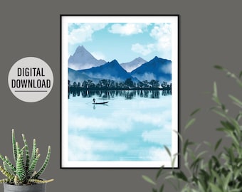 Mountain lake Watercolor Printable wall art | Digital download | landscape wall art | Mountain printable | can be printed in over 25 sizes