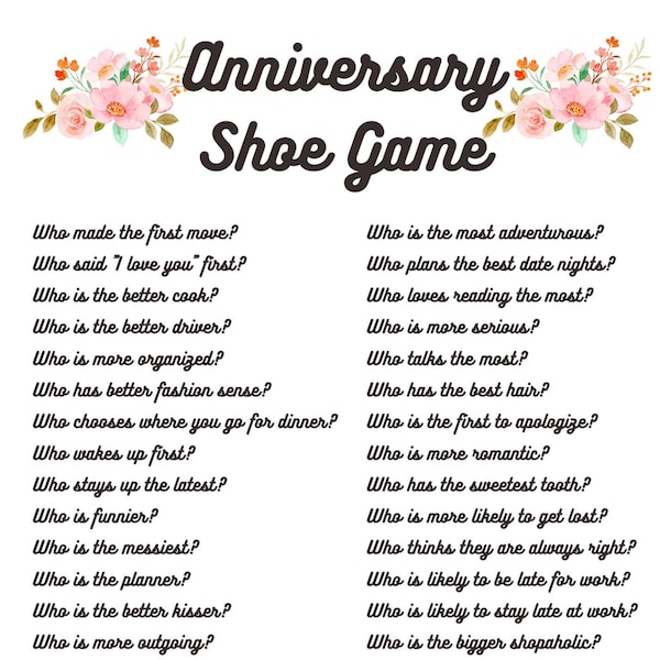 Anniversary Shoe Game Activity Who Knows the Couple Best Quiz Game Fun Party Activity Marriage Reception Bridal Shower Anniversary Birthday