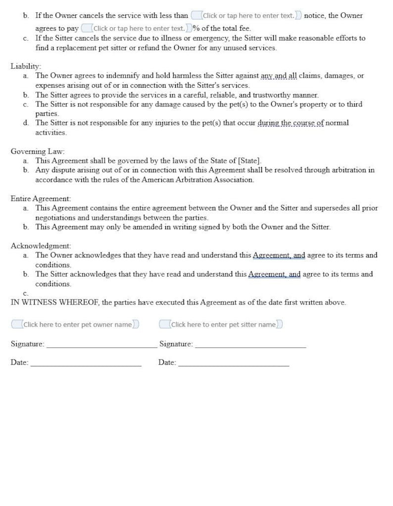 Agreement Pet Sitting Contract Template Fillable Form Etsy Singapore