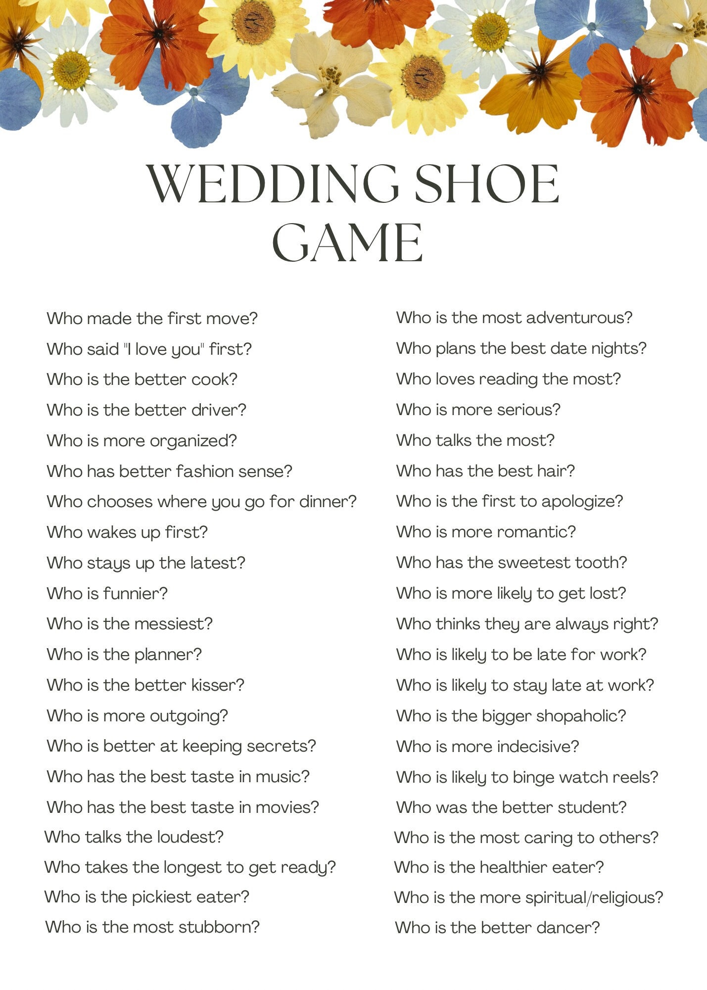 Floral Wedding Shoe Game for Couples - Etsy